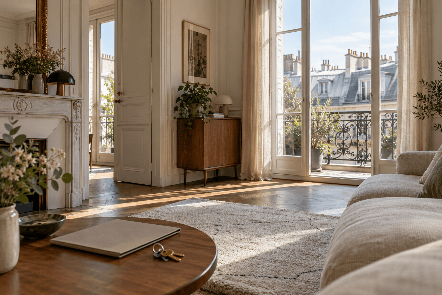 Pièce de vie d’un appartement parisien avec table et dossier posé près d’une fenêtre donnant sur les toits