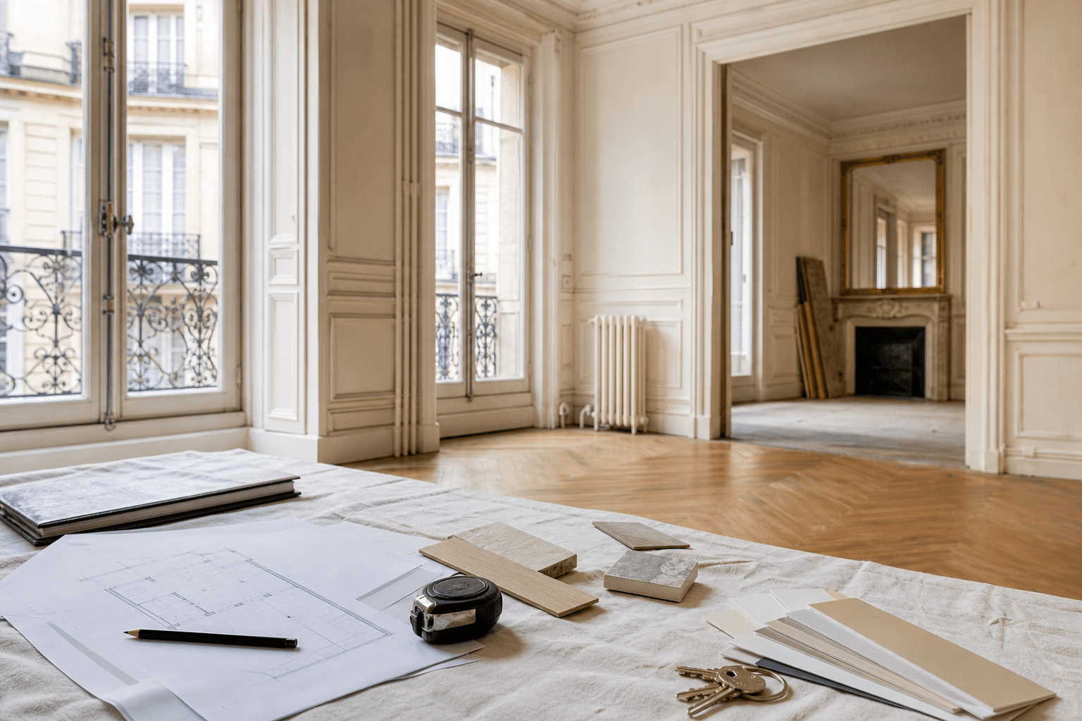 Plans, échantillons de matériaux et clés dans un appartement haussmannien à préparer pour travaux