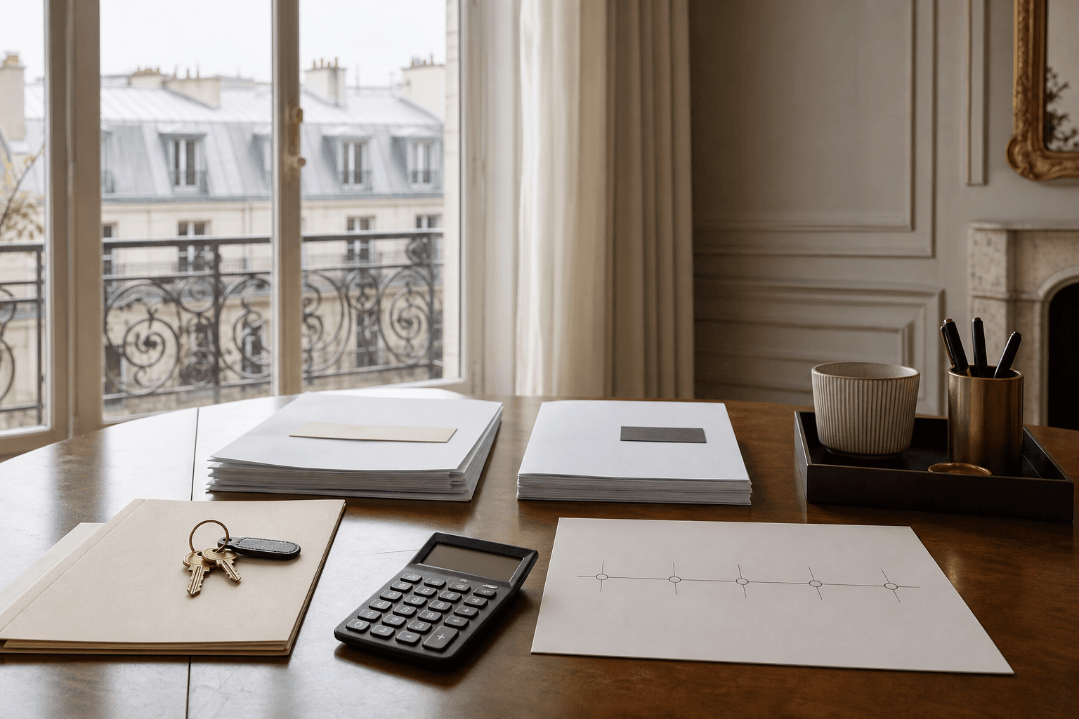Bureau parisien avec clés, dossiers et calendrier discret pour préparer un achat avant une vente