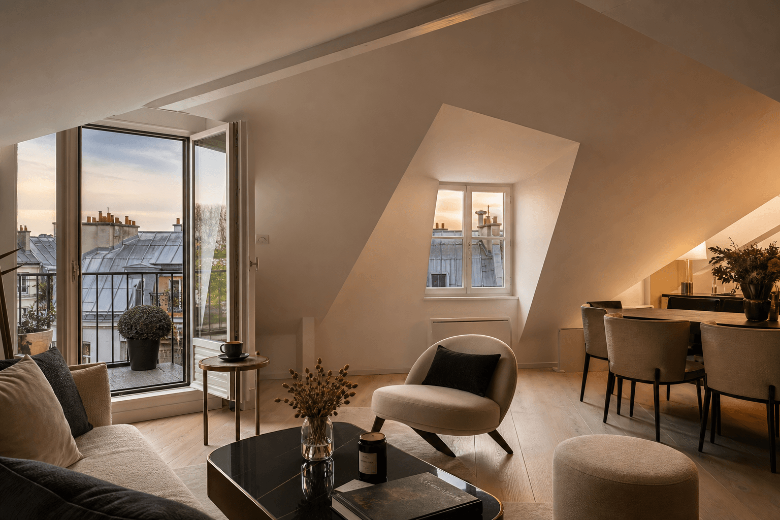 Appartement mansardé au dernier étage avec vue sur les toits en zinc de Paris