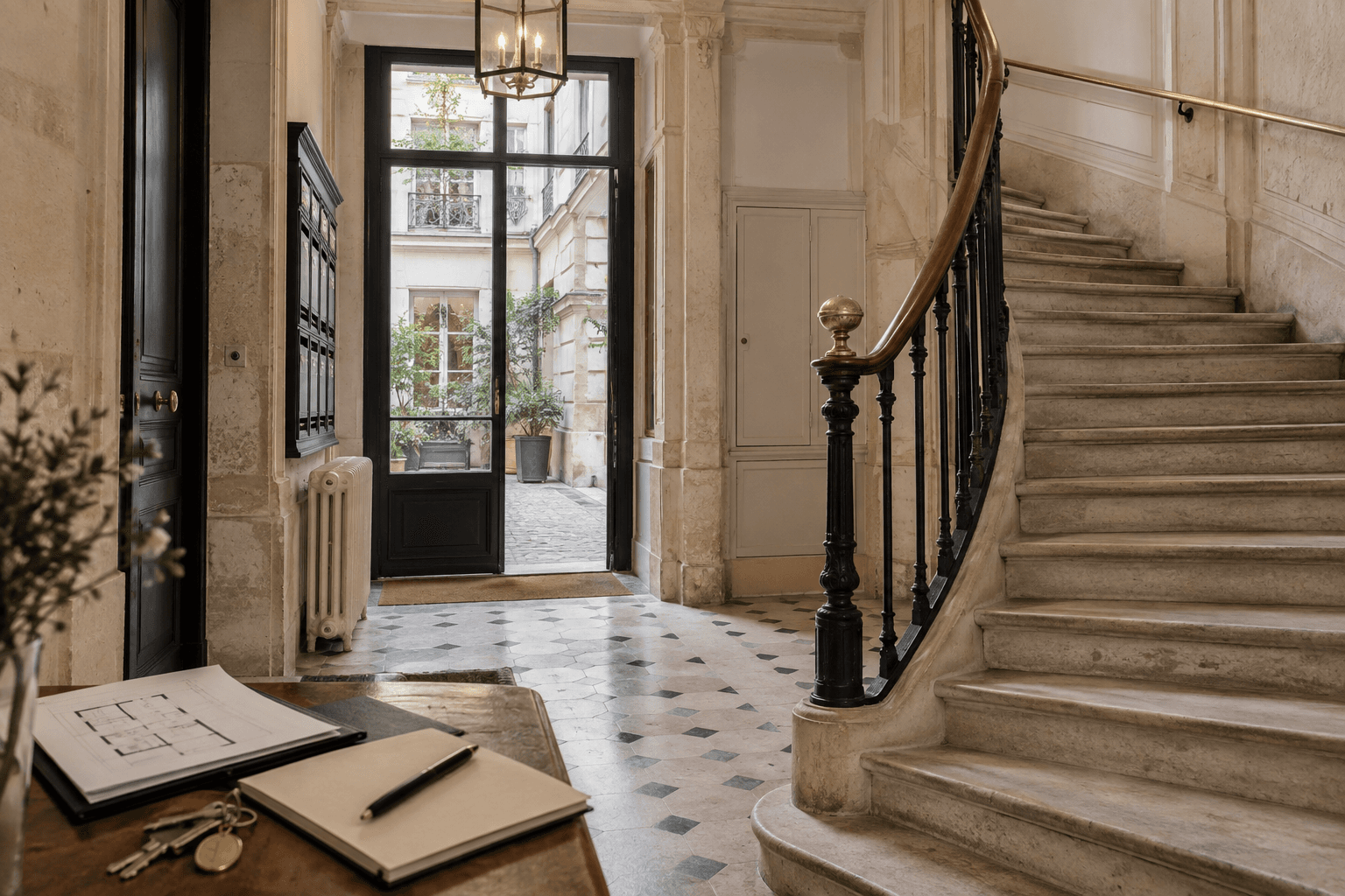 Hall et escalier d’un immeuble ancien parisien avec dossier de visite préparé avant un achat immobilier