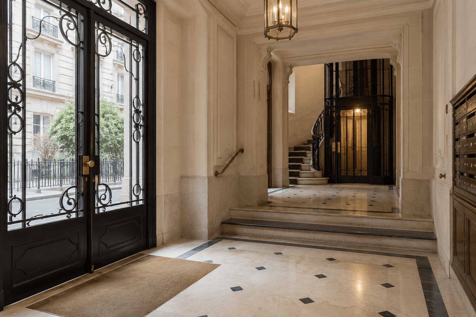 Hall d’un immeuble parisien ancien avec seuils et marches visibles entre la porte d’entrée et l’ascenseur.