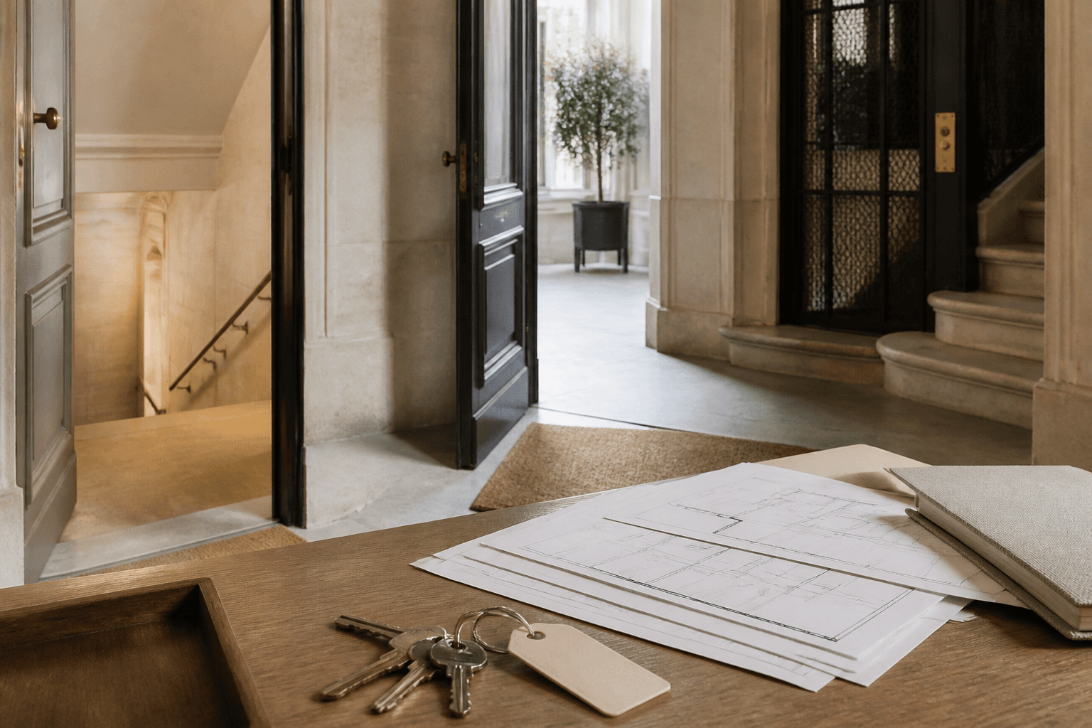 Plans et clés d’un appartement parisien posés près d’un hall d’immeuble et d’un accès aux caves