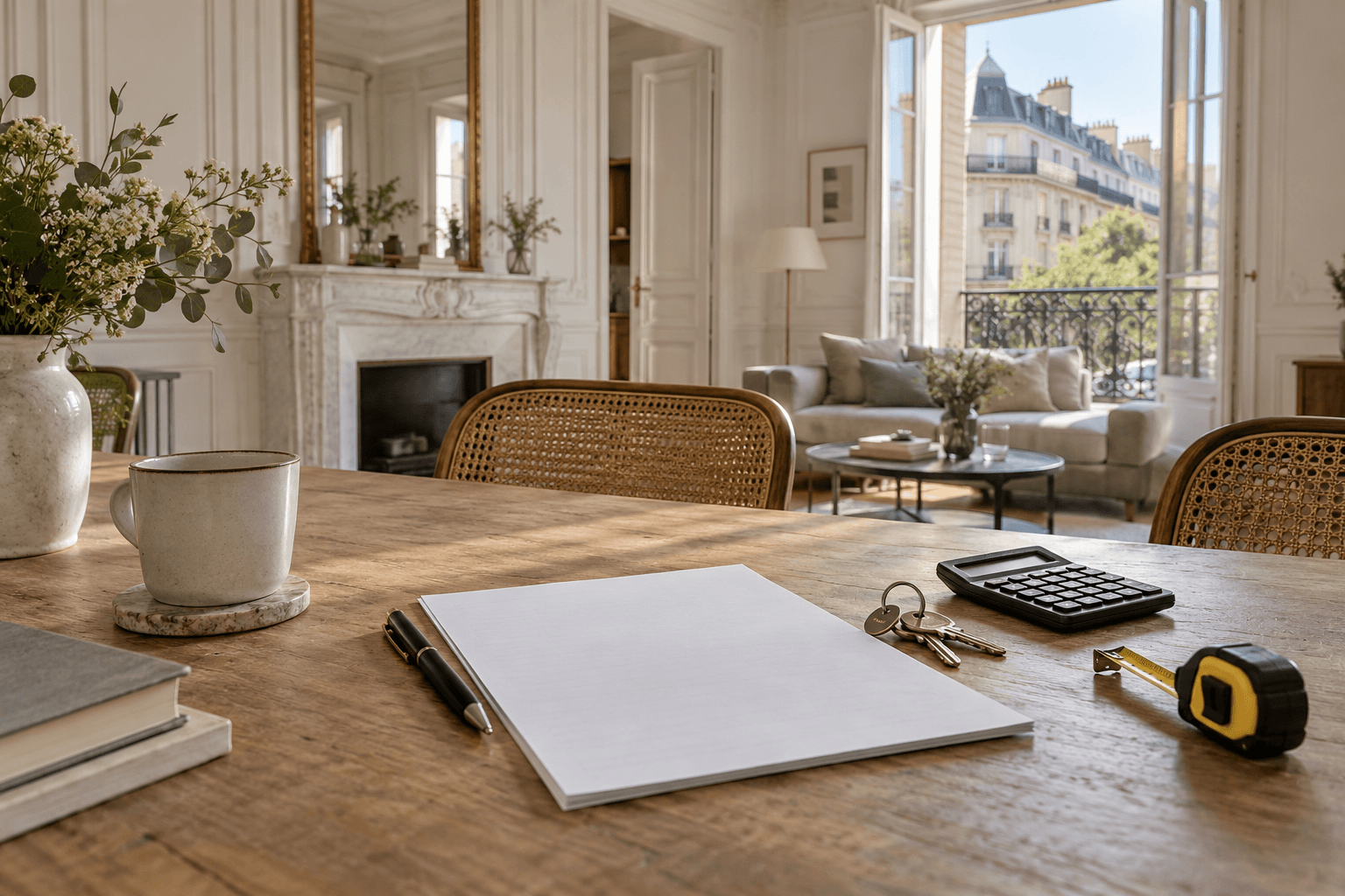 Table préparant une annonce de location devant un appartement parisien lumineux
