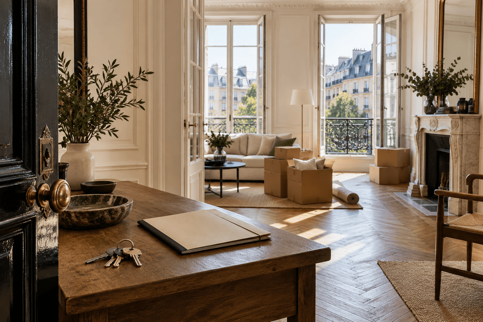 Clés et dossier posés sur une table dans un appartement parisien prêt pour l’installation d’un locataire