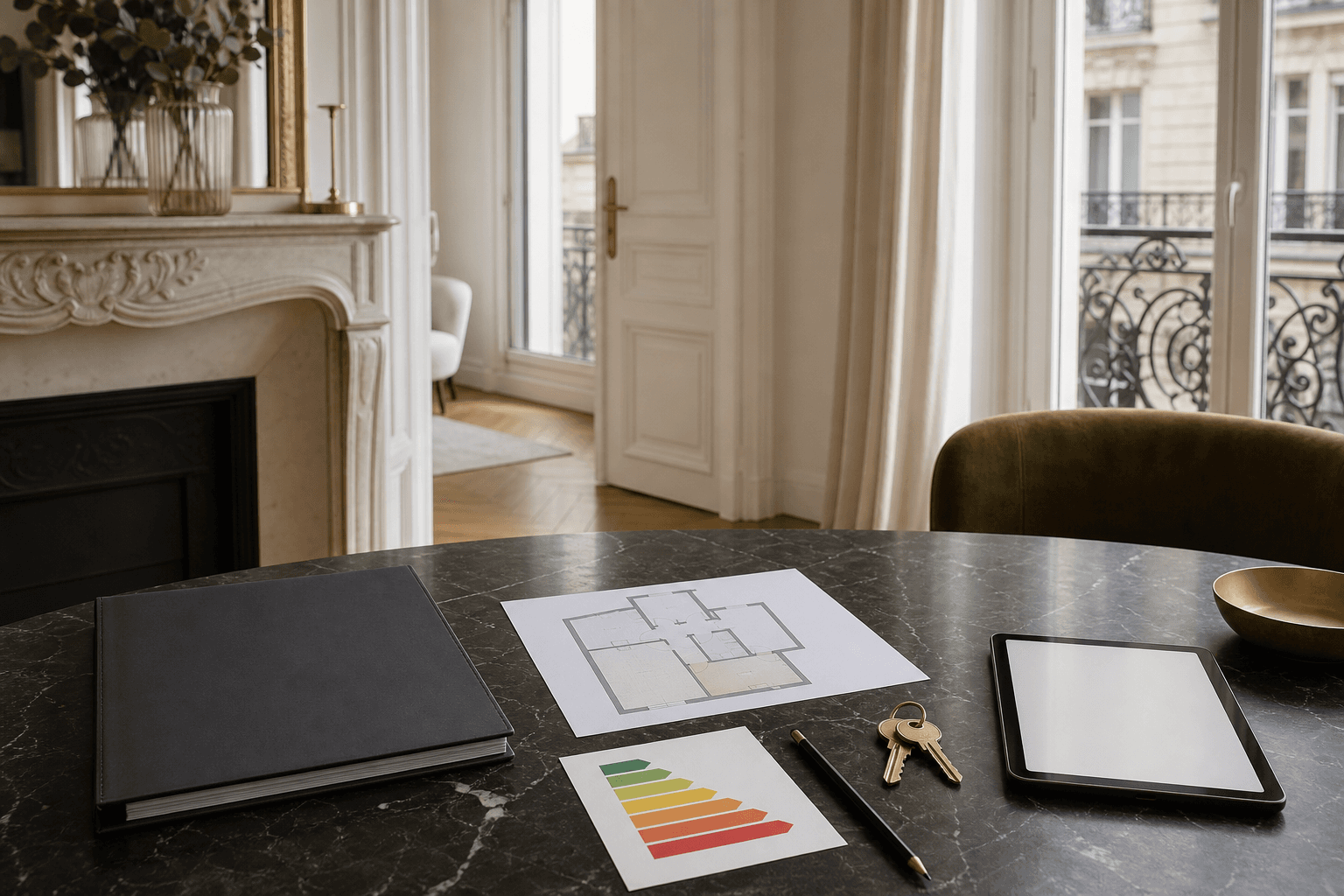 Dossier de diagnostics, plan et carte énergétique sur une table dans un appartement parisien