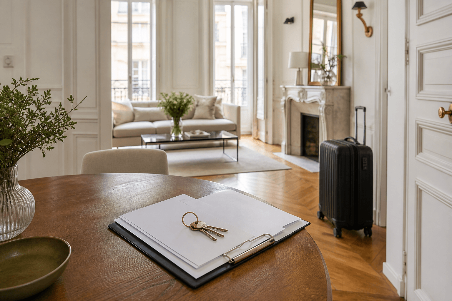 Dossier de bail, clés et valise dans un appartement meublé parisien lumineux
