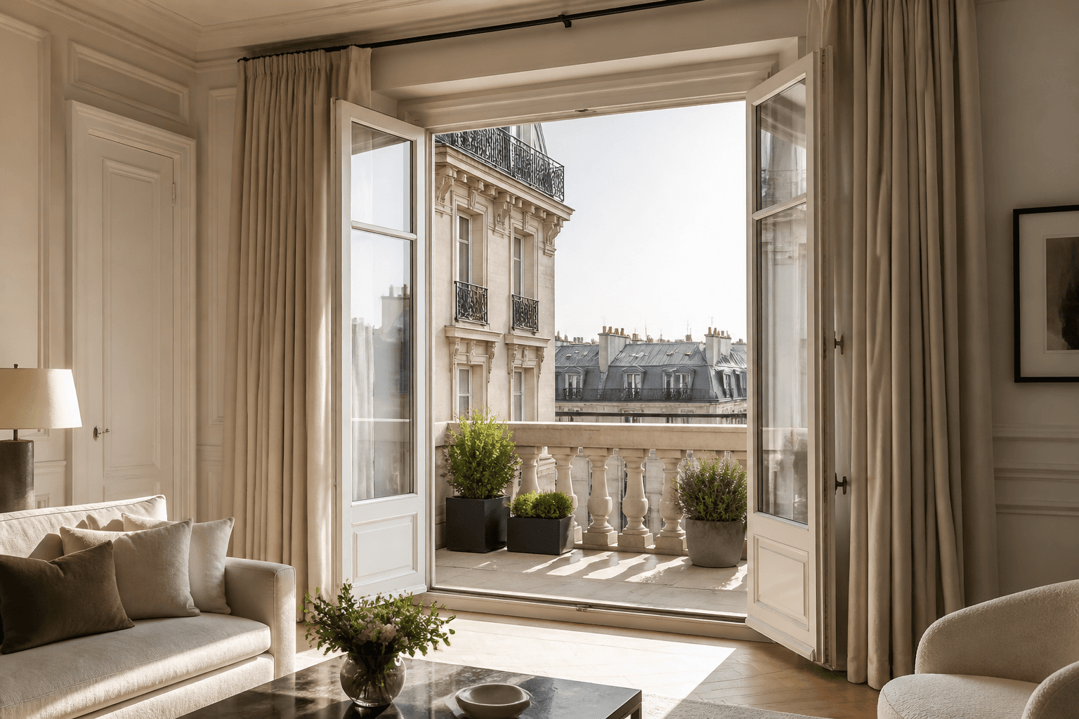 Salon parisien ouvert sur un balcon en pierre avec plantes et vue sur des immeubles haussmanniens