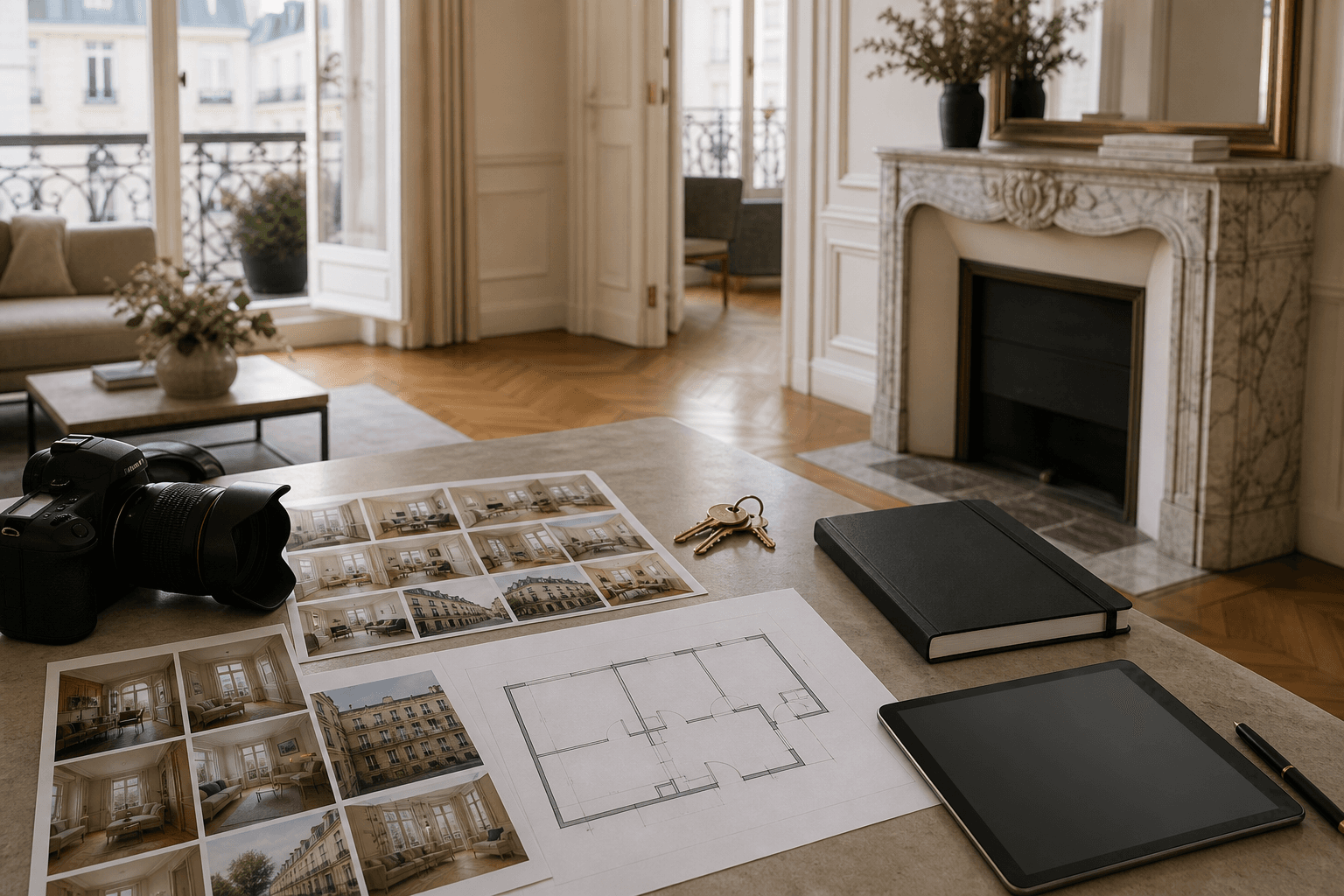 Appareil photo, plan, clés et sélection de photos préparés pour une annonce immobilière parisienne