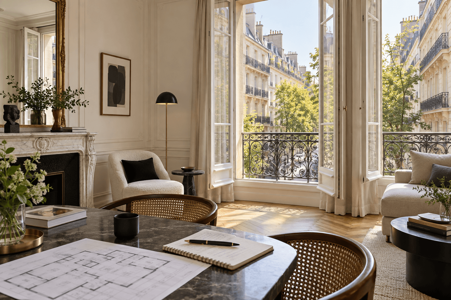 Intérieur d’un appartement parisien ouvert sur une rue, avec plan et carnet de visite