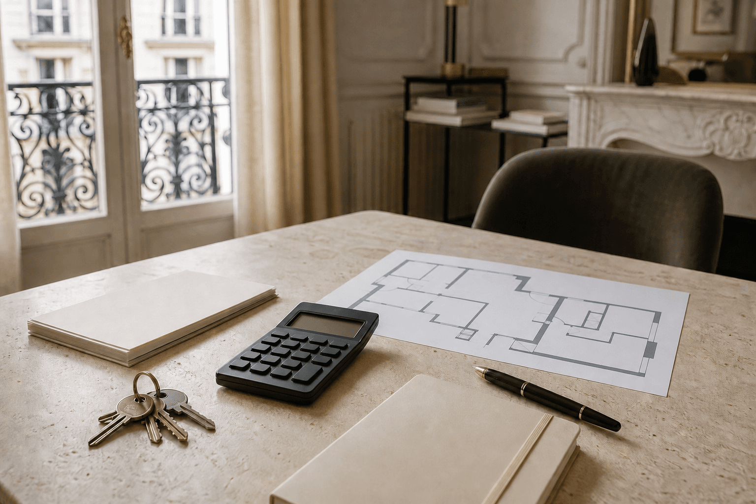 Plan d’un appartement parisien, calculatrice et carnet de budget posés sur une table en pierre claire