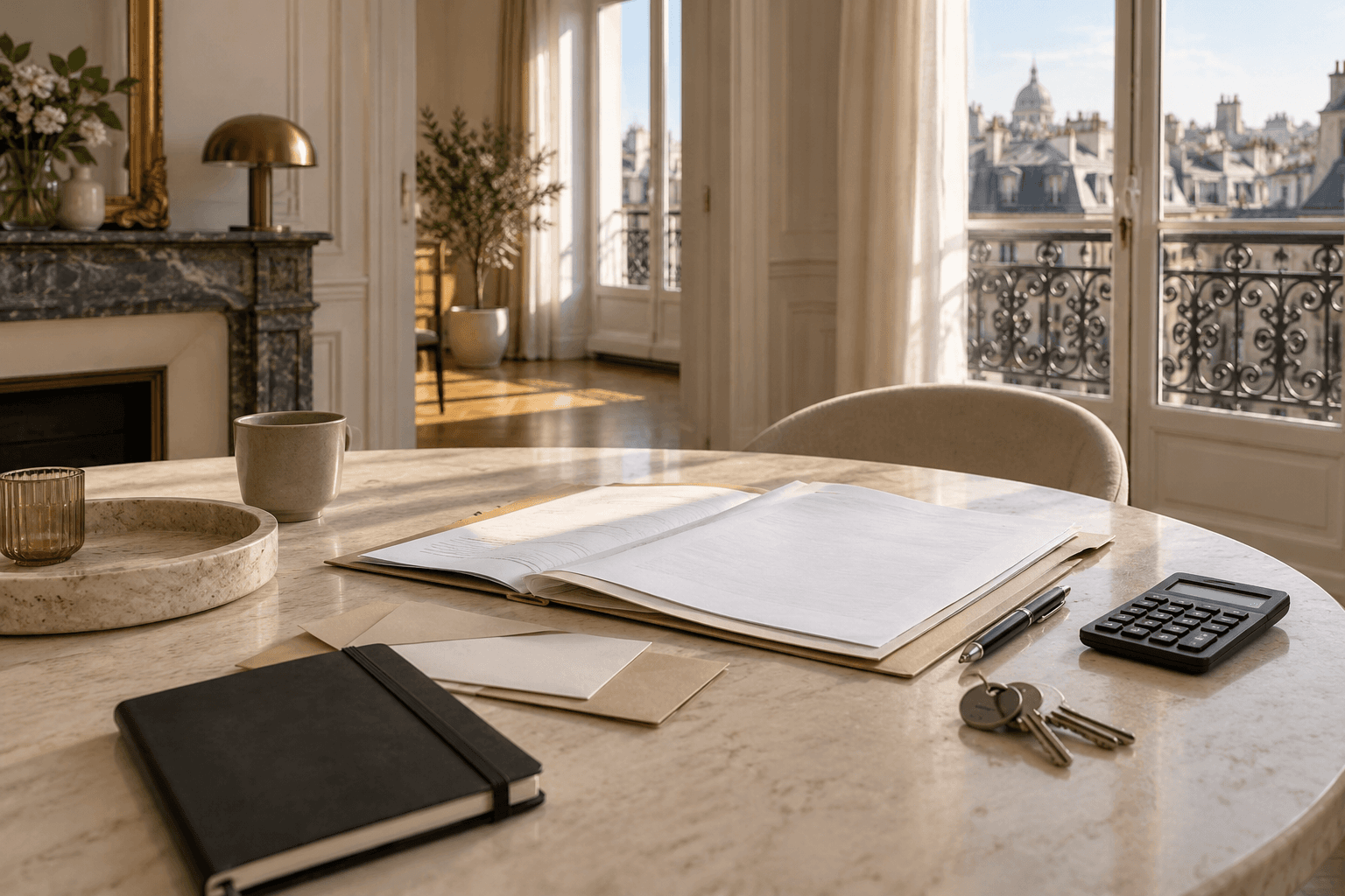 Dossier de location, clés et calculatrice sur une table dans un appartement parisien lumineux