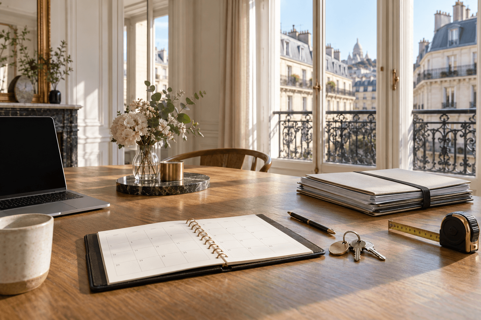 Table dans un appartement parisien avec calendrier ouvert, clés, dossier locatif et mètre ruban
