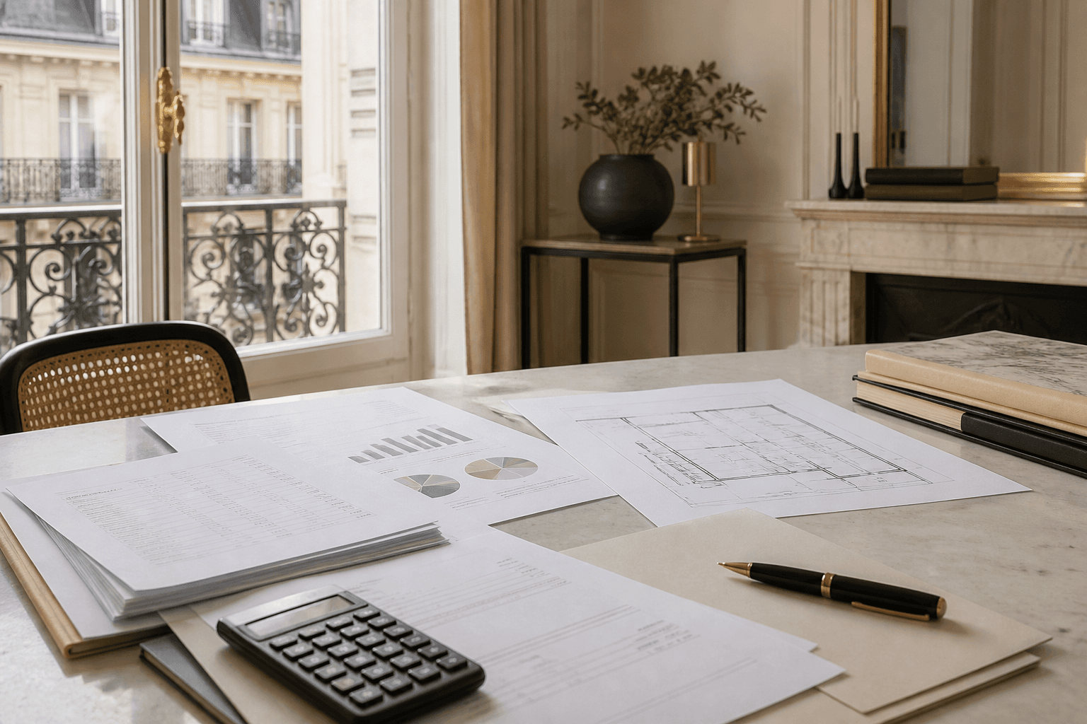 Documents de charges de copropriété, calculatrice et plan d’appartement posés sur une table en pierre dans un intérieur parisien