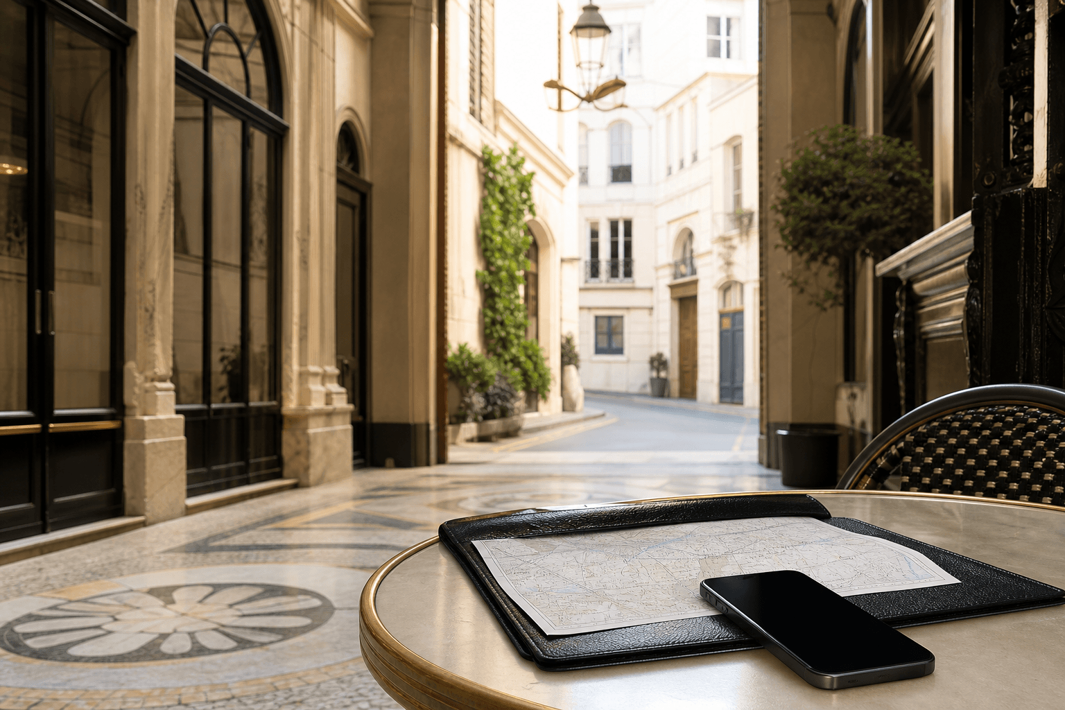 Dossier de recherche et téléphone posés dans un passage parisien pour organiser une chasse immobilière