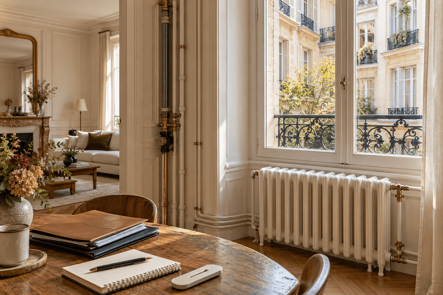 Radiateur d’un appartement parisien et éléments d’un chauffage collectif visibles dans un intérieur lumineux