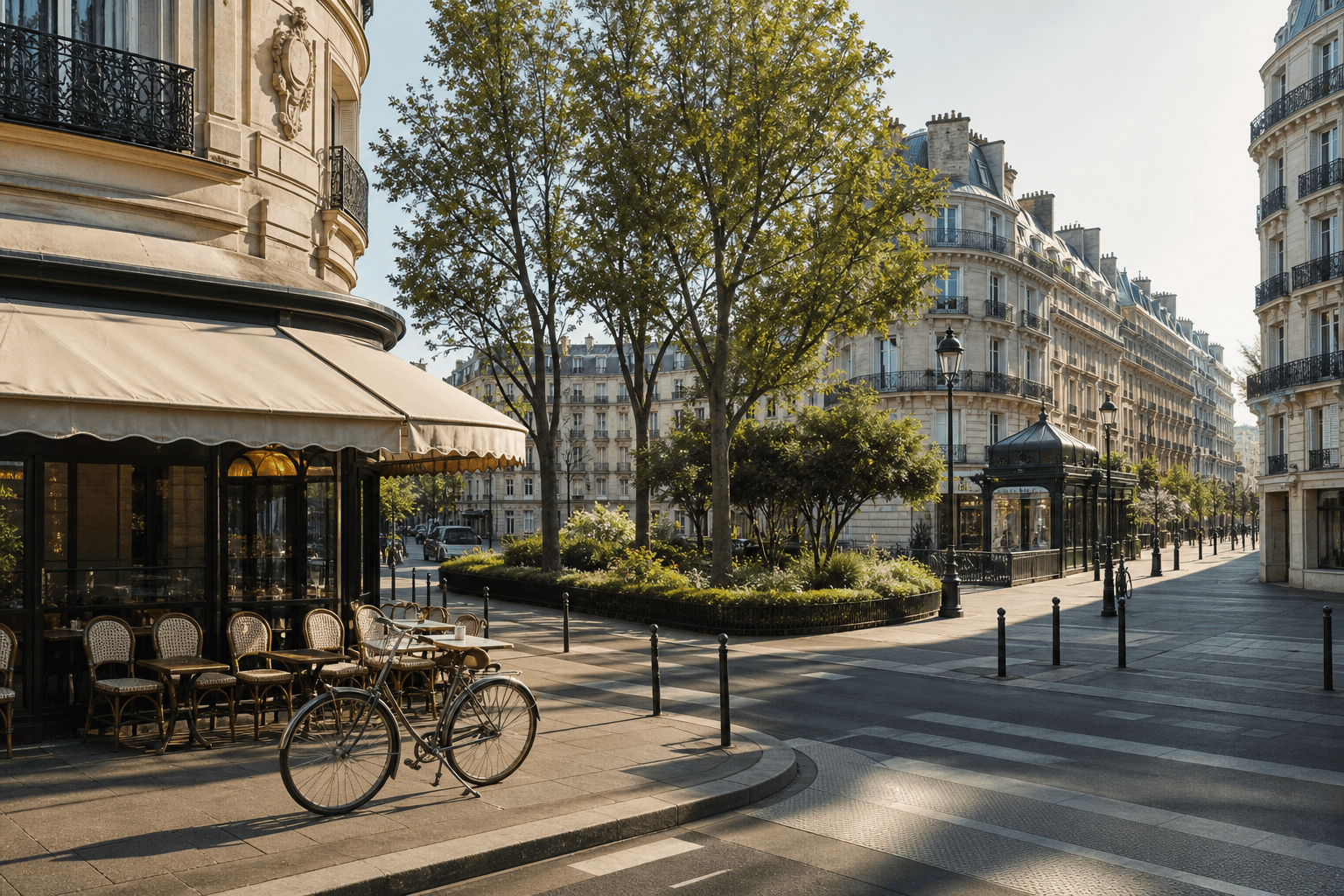 Rue parisienne avec café, square et vélo illustrant le choix d’un quartier selon ses habitudes