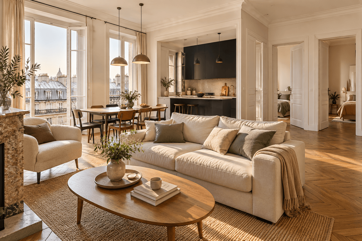 Salon partagé lumineux d’un appartement parisien, avec table commune et accès à plusieurs espaces de vie