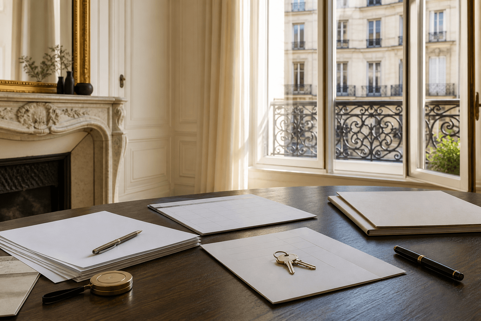 Documents de vente, calendrier, clés et stylo sur une table dans un appartement parisien lumineux