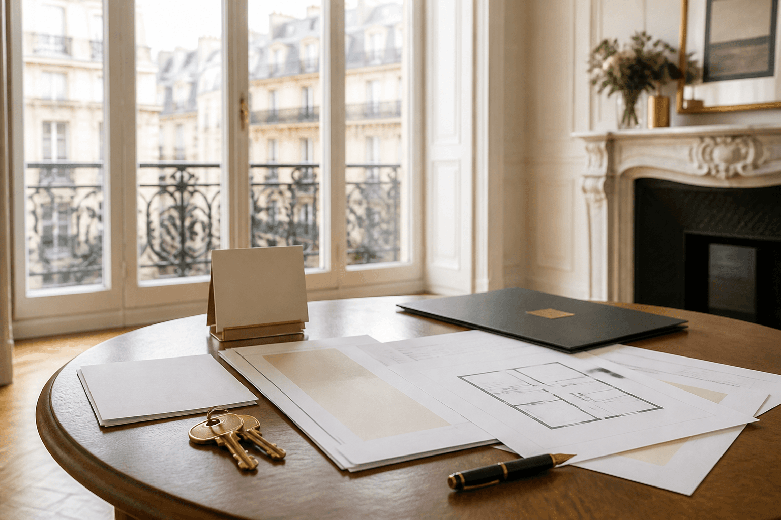 Documents, plan d’appartement et clés préparés pour relire un compromis de vente à Paris