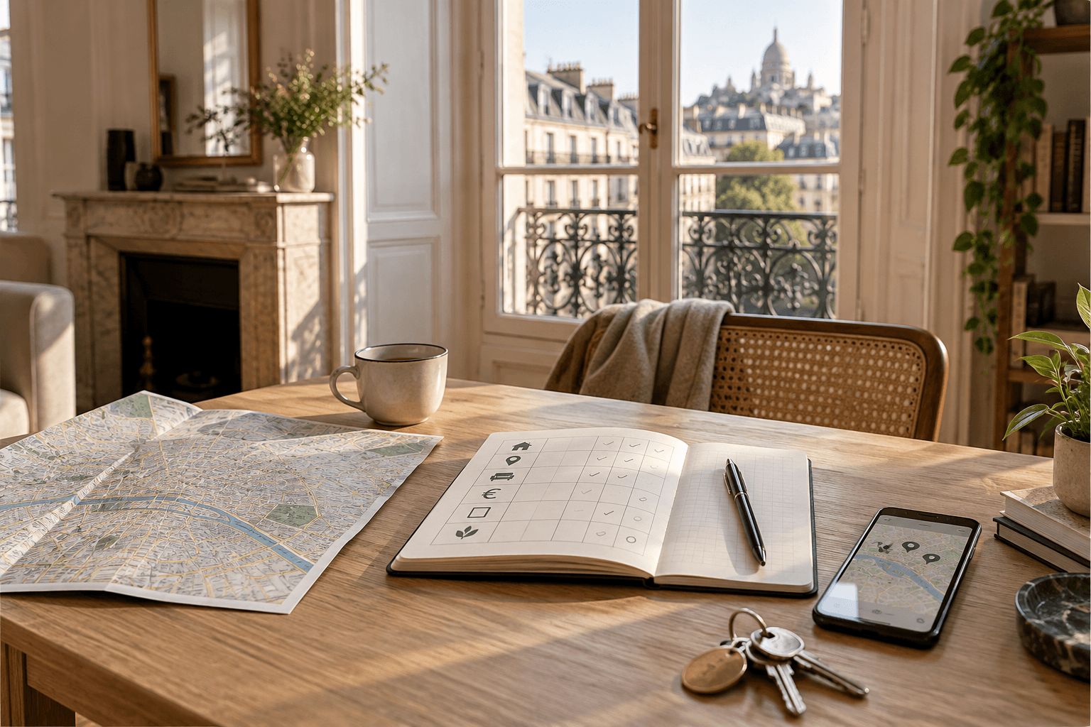 Carnet de critères et plan de Paris posés sur une table dans un appartement lumineux