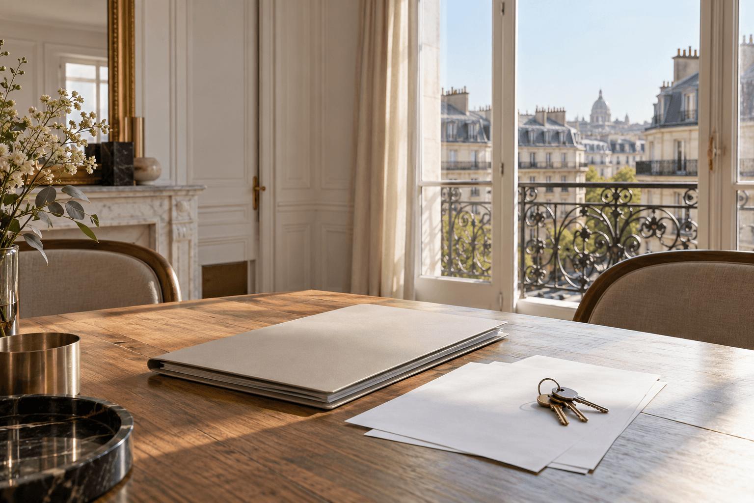 Dossier de vente et trousseau de clés sur une table, devant une fenêtre donnant sur les toits de Paris.