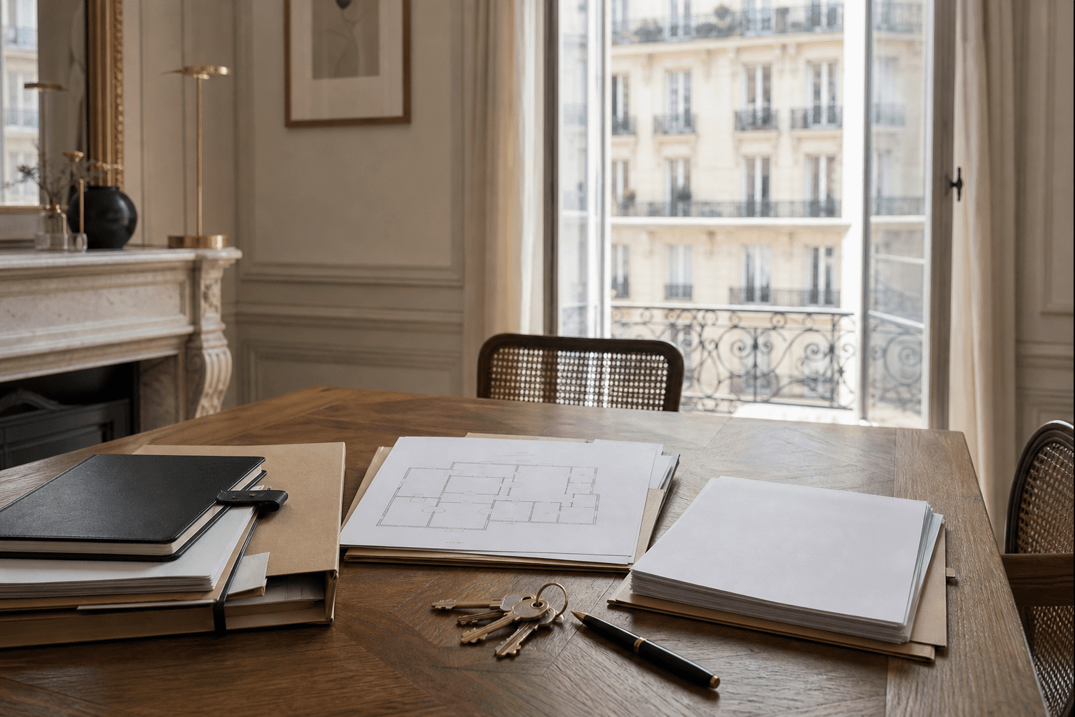 Dossier de copropriété, plan d’appartement et clés posés sur une table dans un intérieur haussmannien parisien