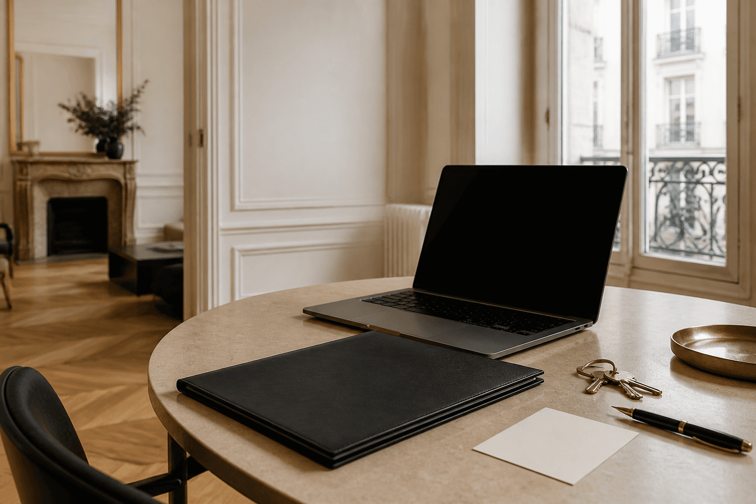 Dossier locataire fermé, clés et ordinateur dans un appartement parisien lumineux