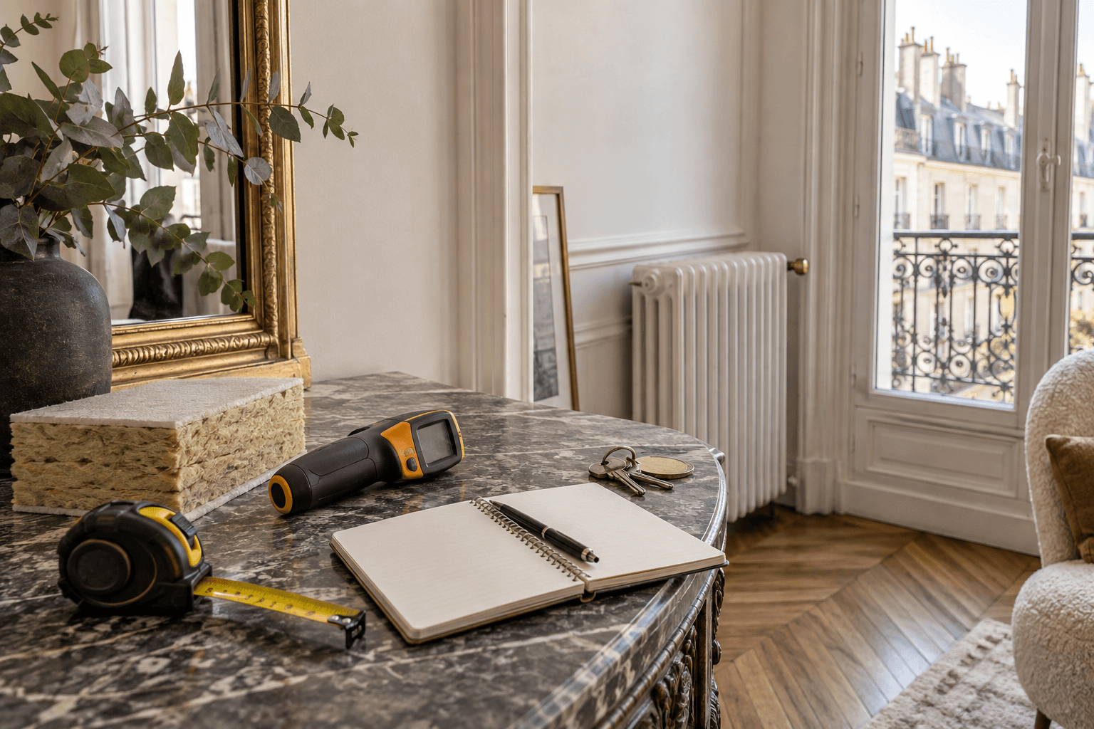 Matériel de diagnostic énergétique et échantillon d’isolant dans un appartement parisien ancien près d’un radiateur