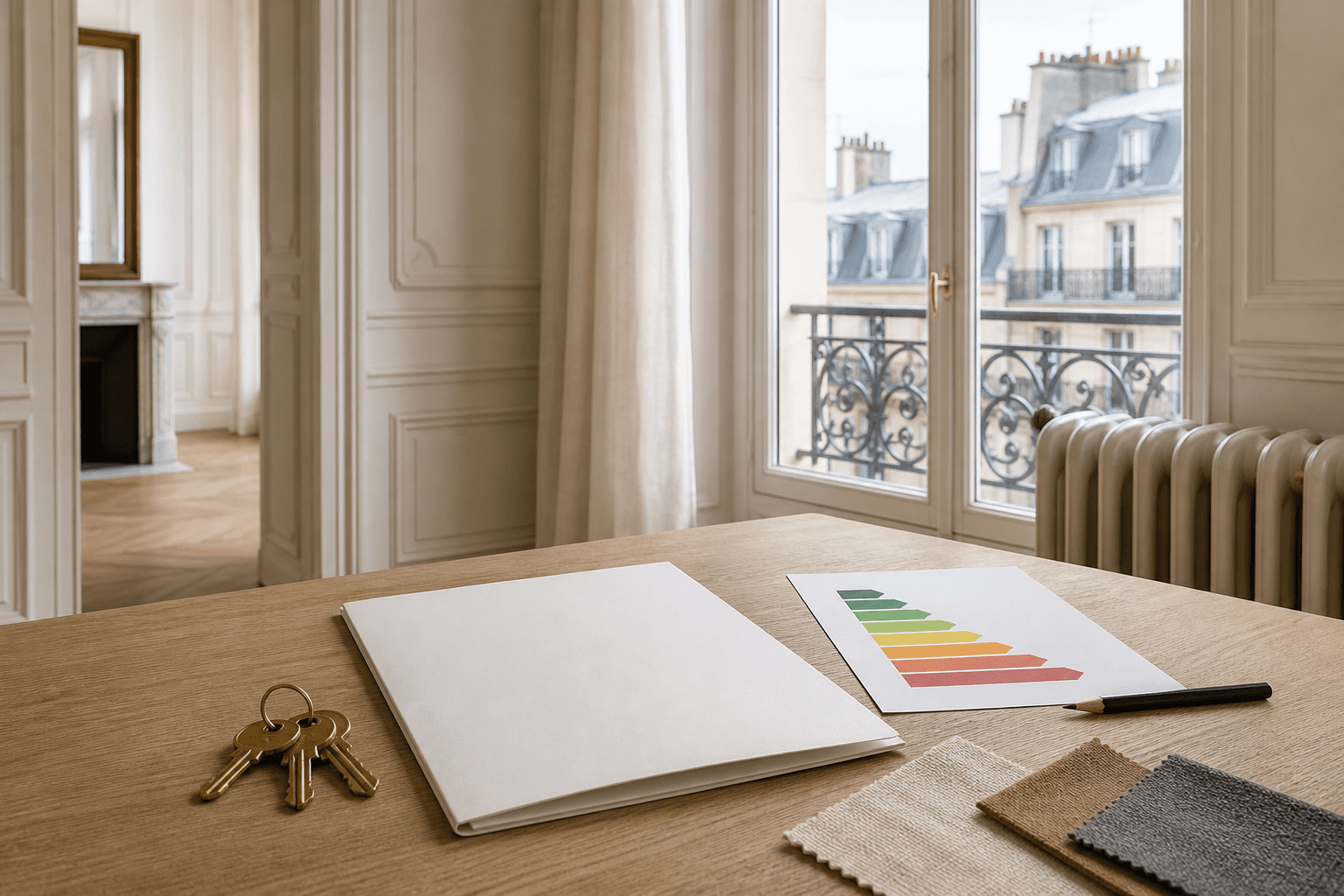 Appartement parisien avec clés, dossier vierge et graphique énergétique abstrait avant une mise en location