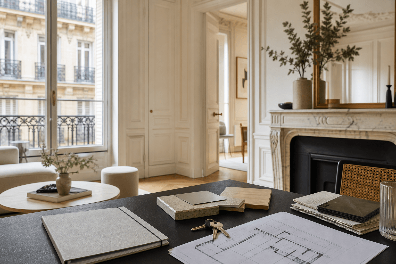Dossier de diagnostic, plan et clés dans un appartement haussmannien lumineux à Paris