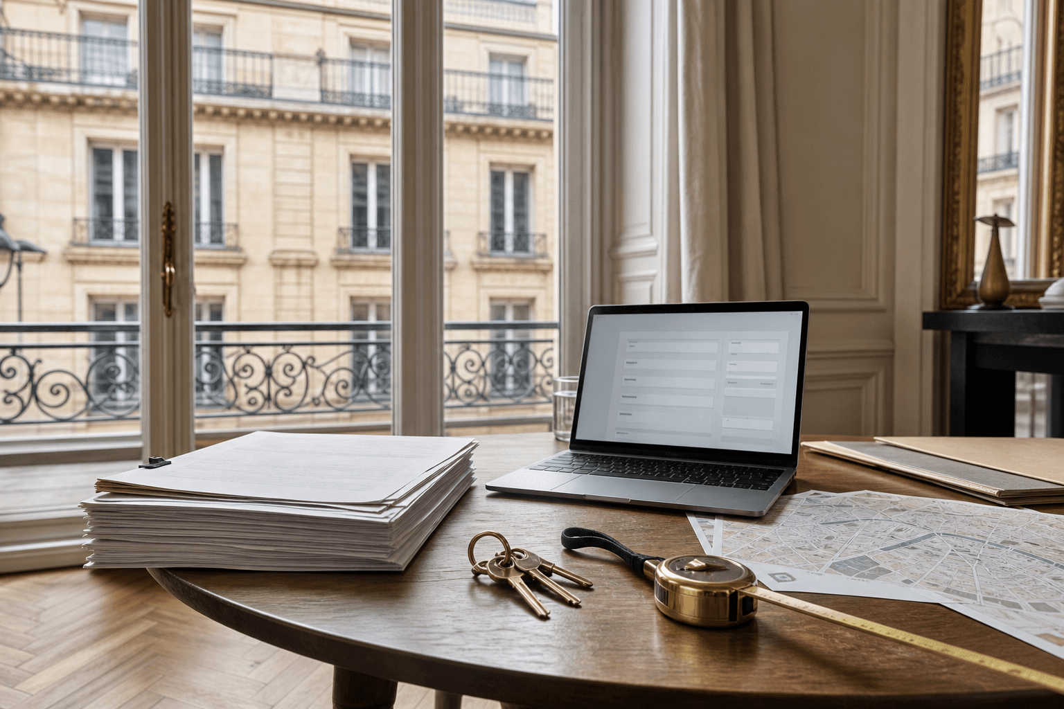 Dossier de bail, clés et ordinateur posés dans un appartement parisien lumineux