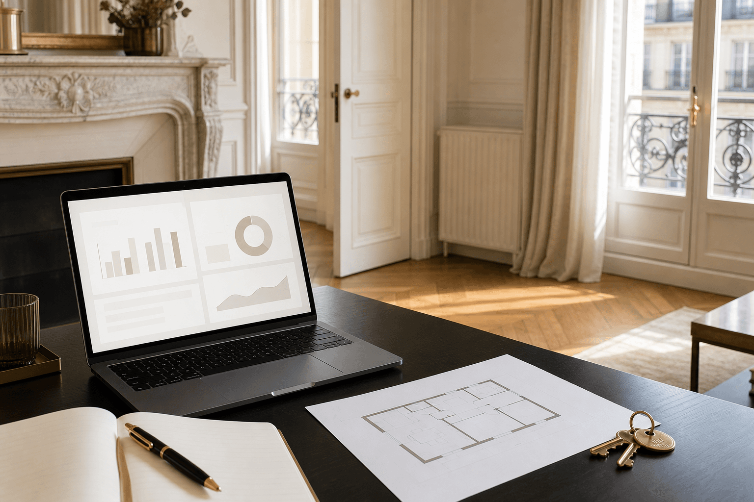 Ordinateur, plan d’appartement et clés utilisés pour vérifier une estimation immobilière en ligne à Paris