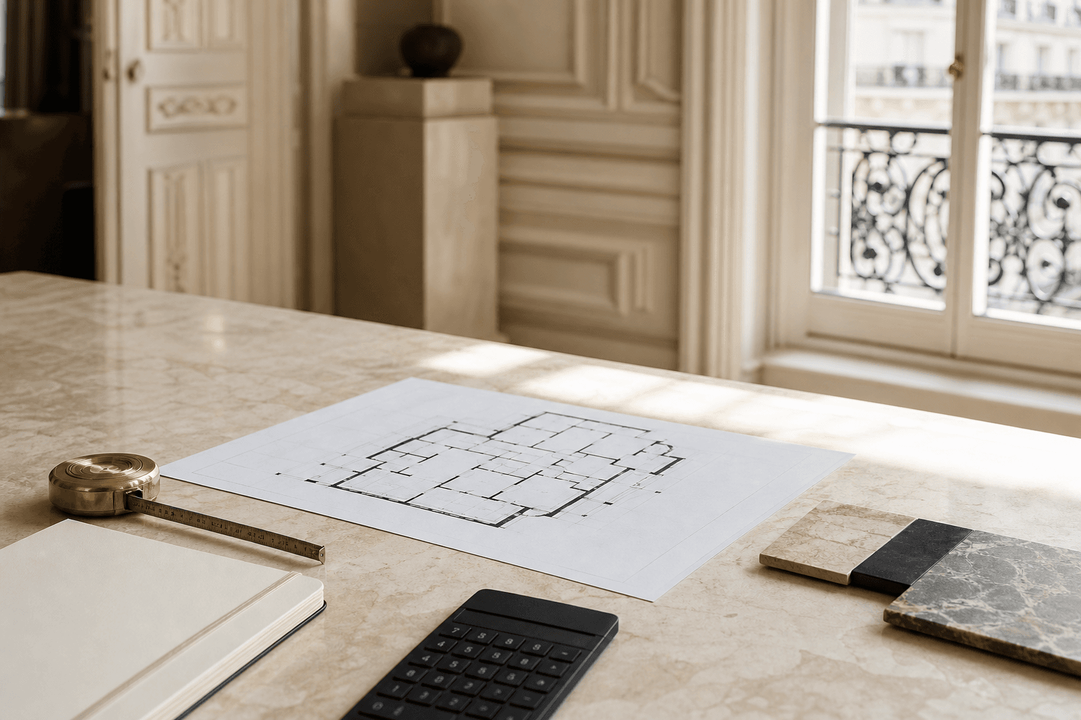 Plan d’appartement, mètre en laiton et matériaux disposés pour préparer une estimation immobilière