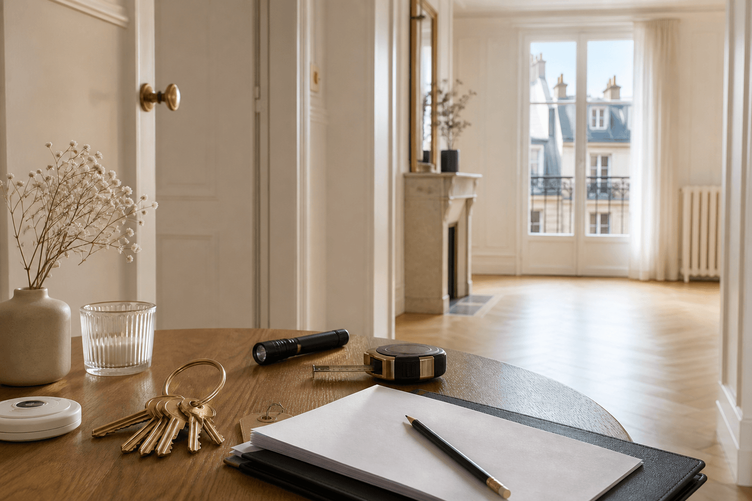 Table d’entrée dans un appartement parisien avec clés, dossier vierge, lampe et mètre pour préparer un état des lieux