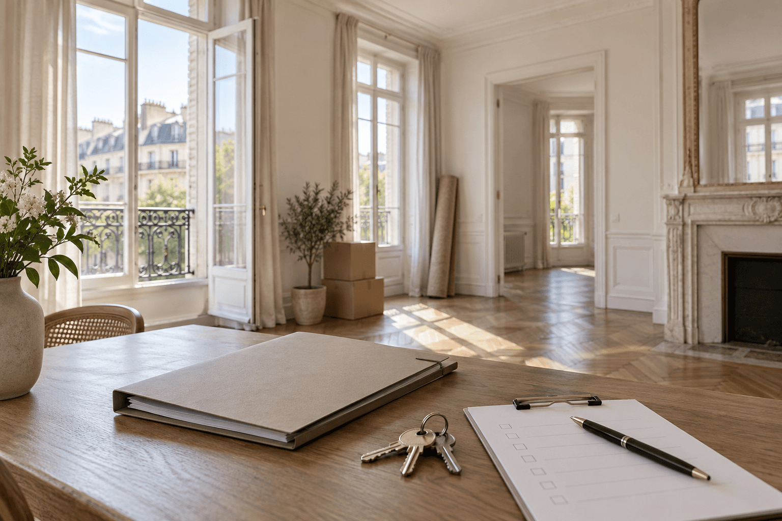 Dossier, clés et check-list sur une table dans un appartement parisien vidé avant un état des lieux de sortie