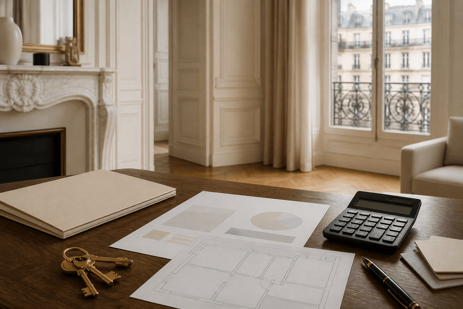 Table élégante dans un appartement parisien avec clés, calculatrice et documents de budget d’achat immobilier
