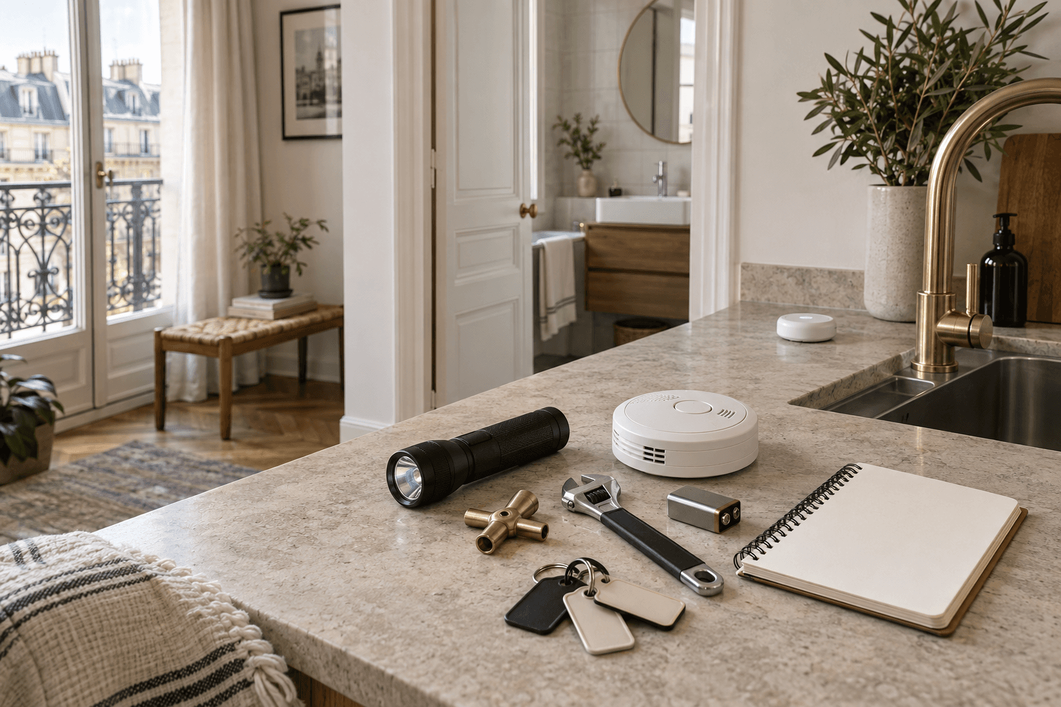 Kit de maintenance avec clés, lampe, détecteur et carnet sur le plan de travail d’un appartement parisien