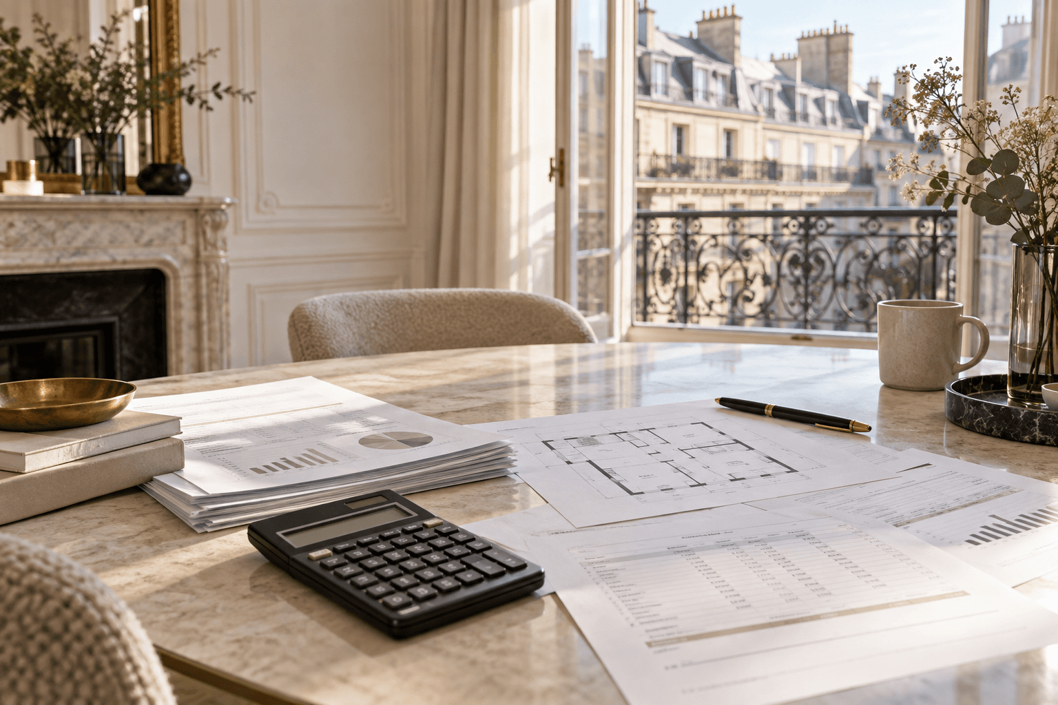 Dossier financier de copropriété, calculatrice et plan d’appartement sur une table en pierre dans un intérieur parisien