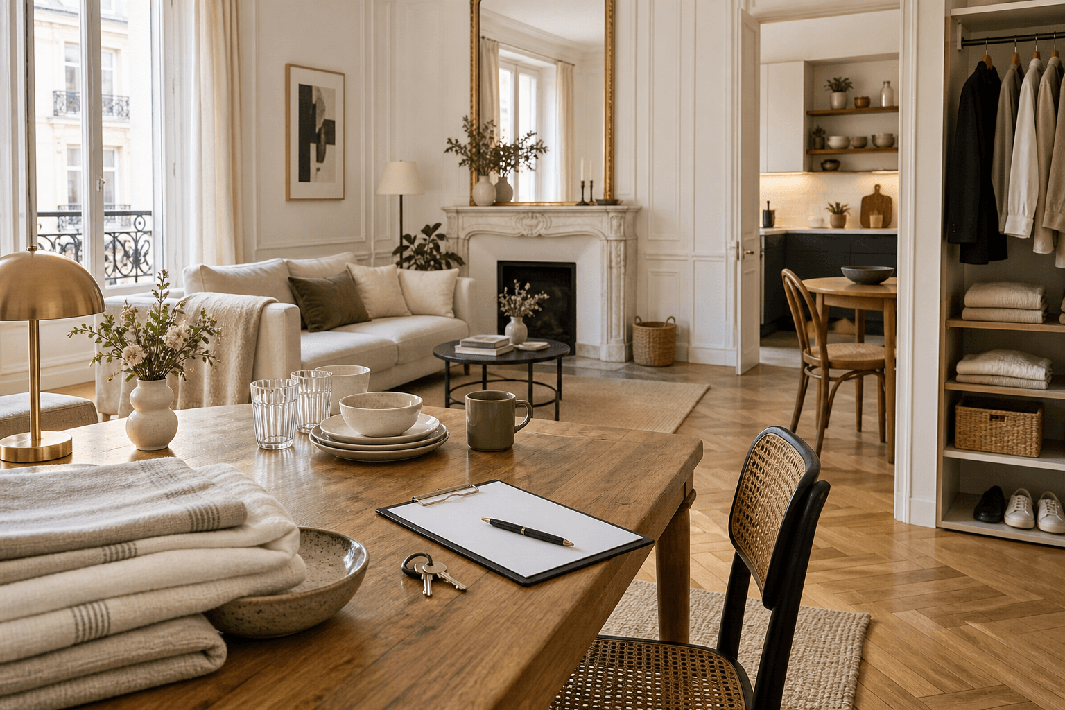 Appartement parisien meublé avec clés, linge, vaisselle et document d’inventaire préparé avant l’entrée du locataire