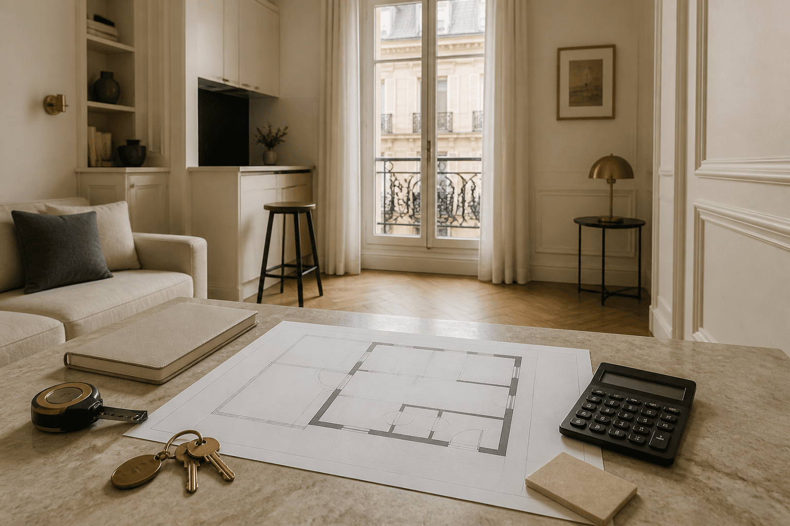 Plan, clés et calculatrice sur une table dans un petit appartement parisien lumineux