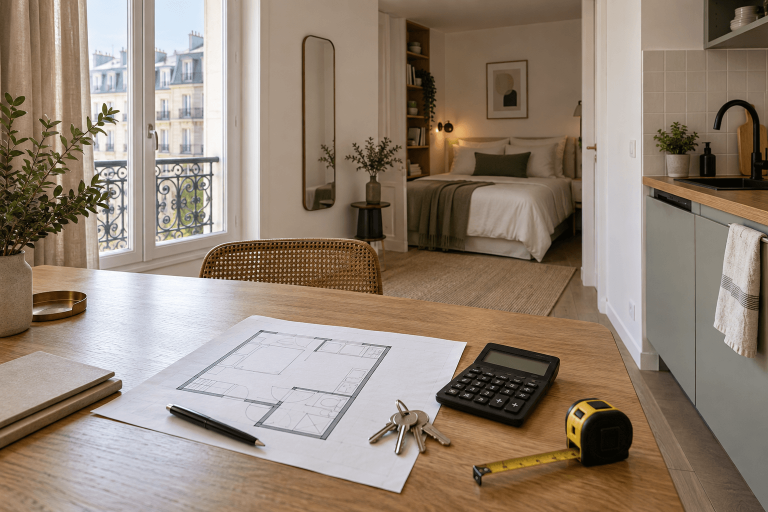 Studio parisien lumineux avec plan, clés, calculatrice et mètre ruban disposés sur une table en bois