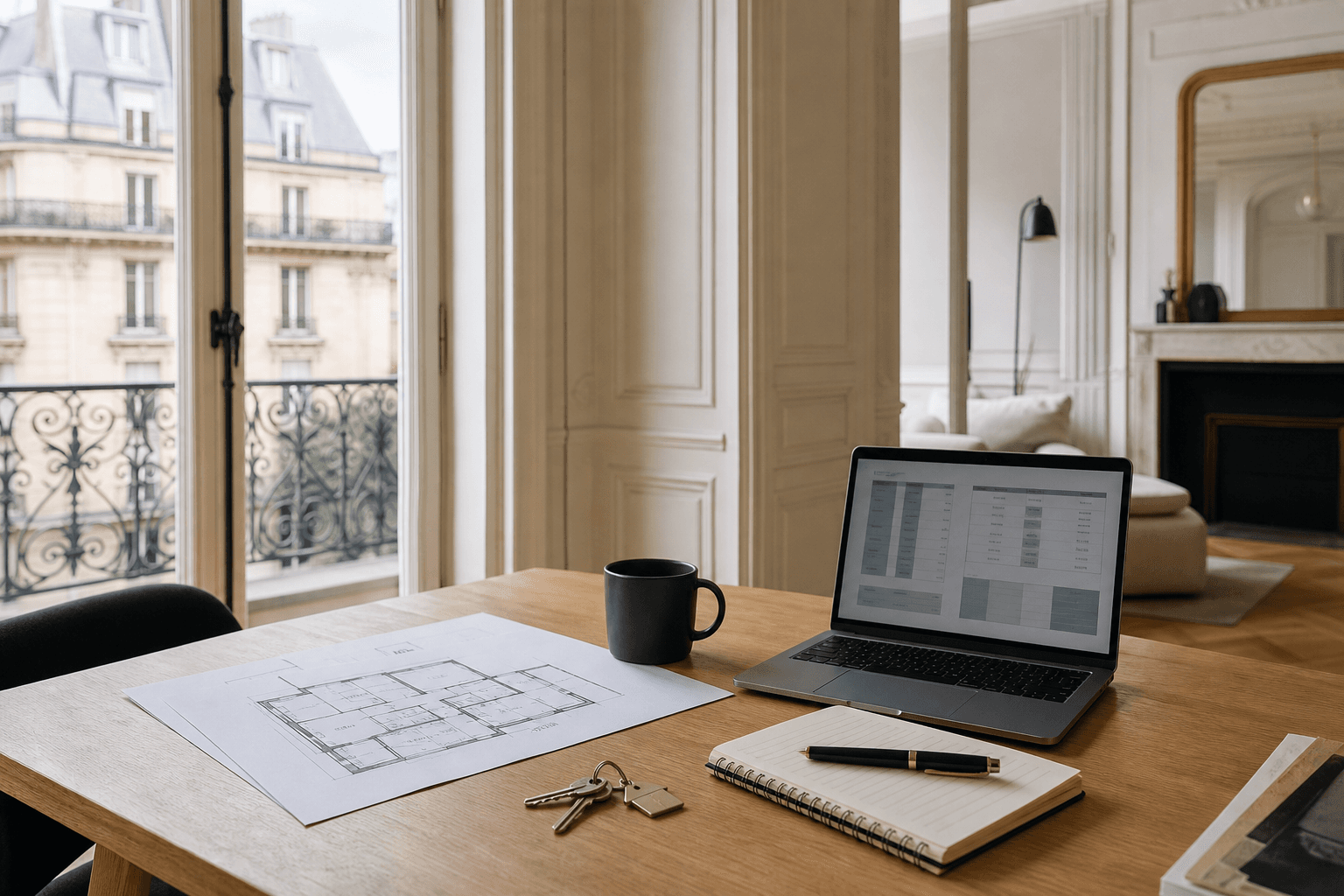 Table de travail dans un appartement parisien avec plan, clés et ordinateur d’analyse locative