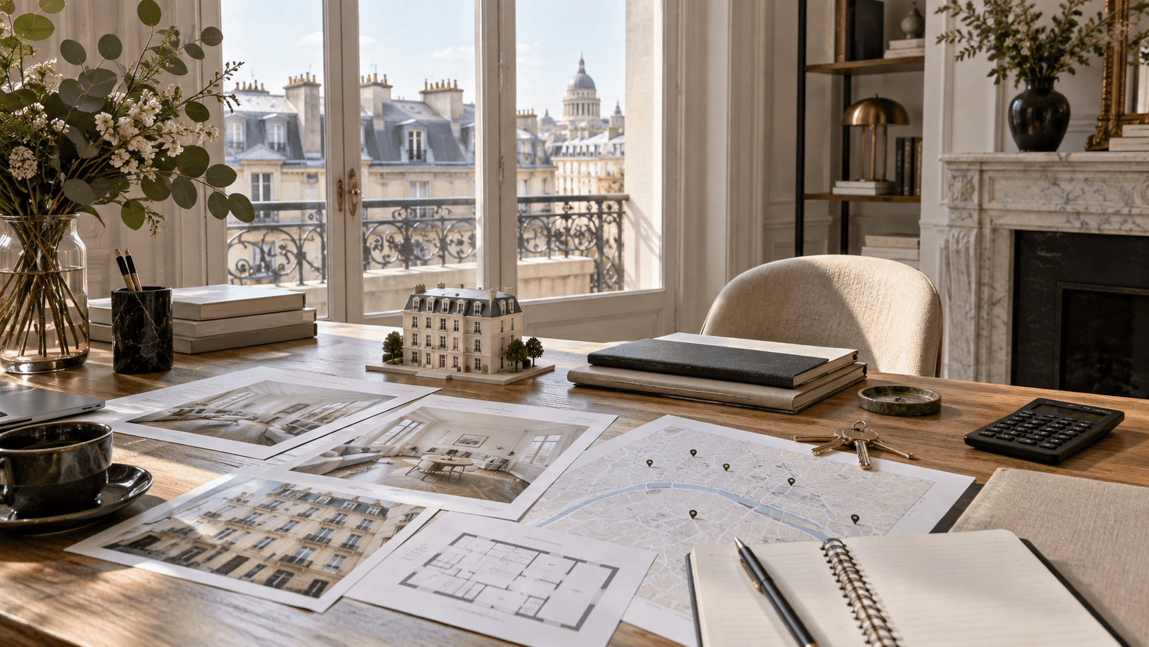 Bureau d’analyse immobilière à Paris avec plans, clés, carte et documents pour évaluer un investissement locatif