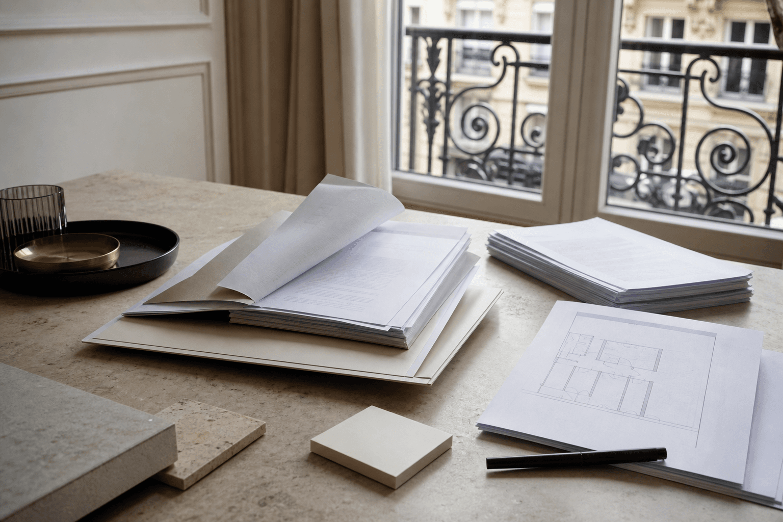 Dossier de procès-verbaux de copropriété et plan posés sur une table en pierre dans un appartement parisien