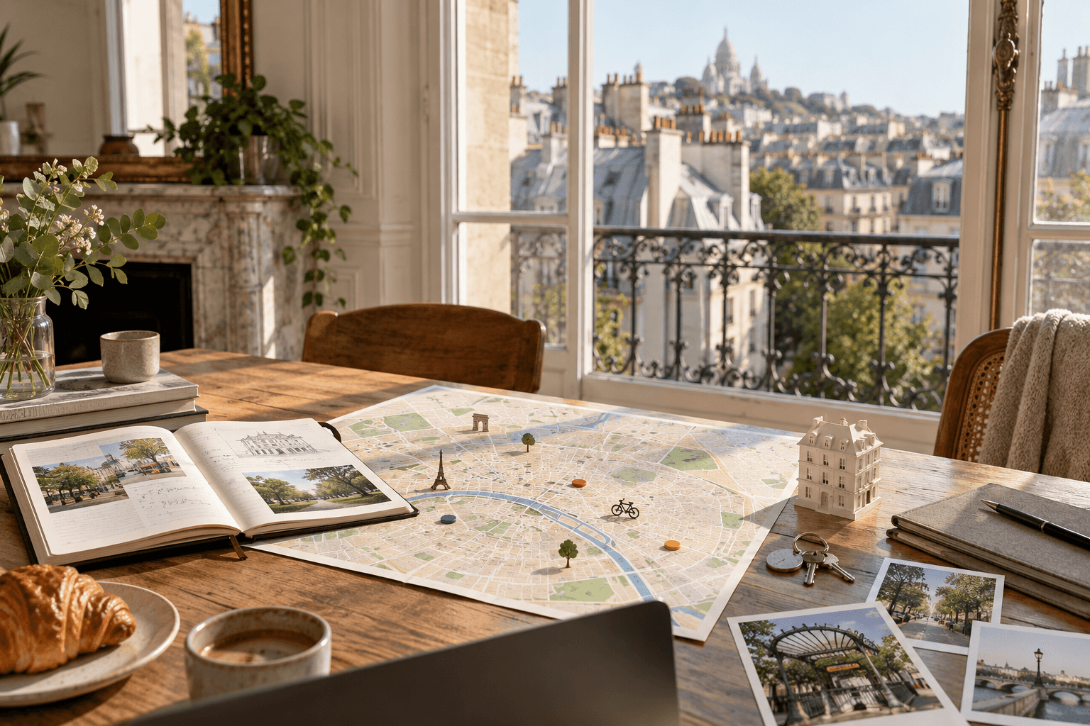 Table de travail dans un appartement parisien avec plan urbain, clés et toits de Paris en arrière-plan