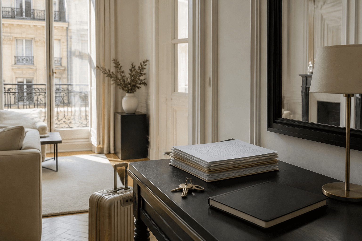 Dossier immobilier, clés et valise dans un appartement parisien lumineux