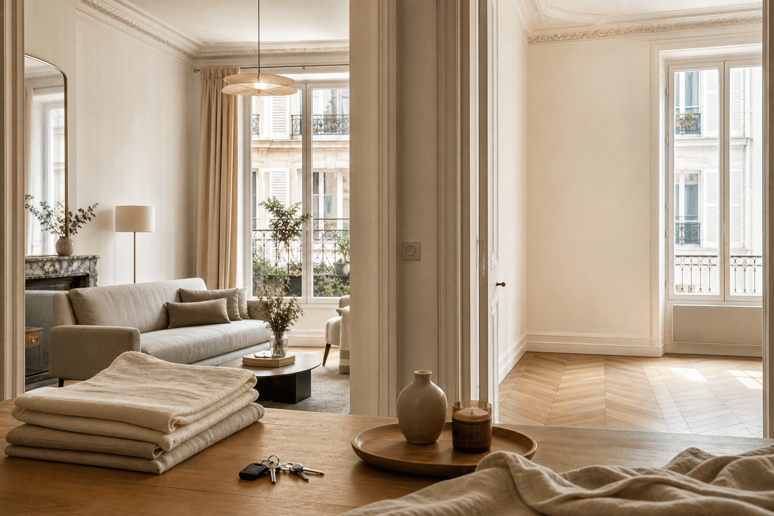 Appartement parisien montrant un salon meublé et une pièce vide lumineuse
