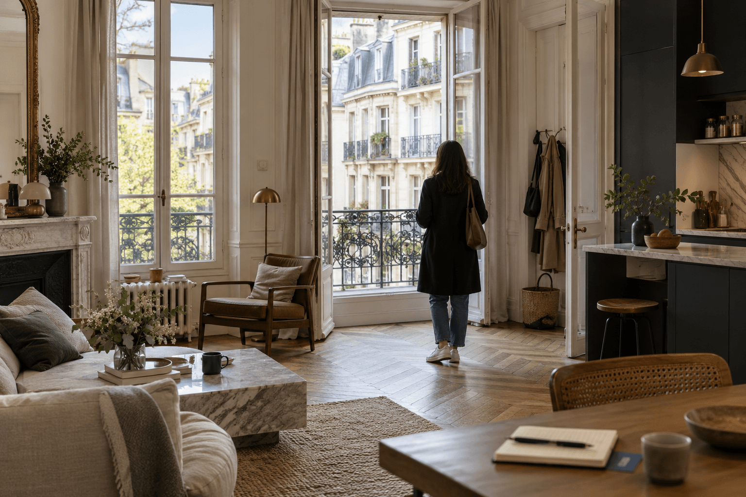 Futur locataire observant la lumière, les ouvertures et l’organisation d’un appartement parisien pendant une visite