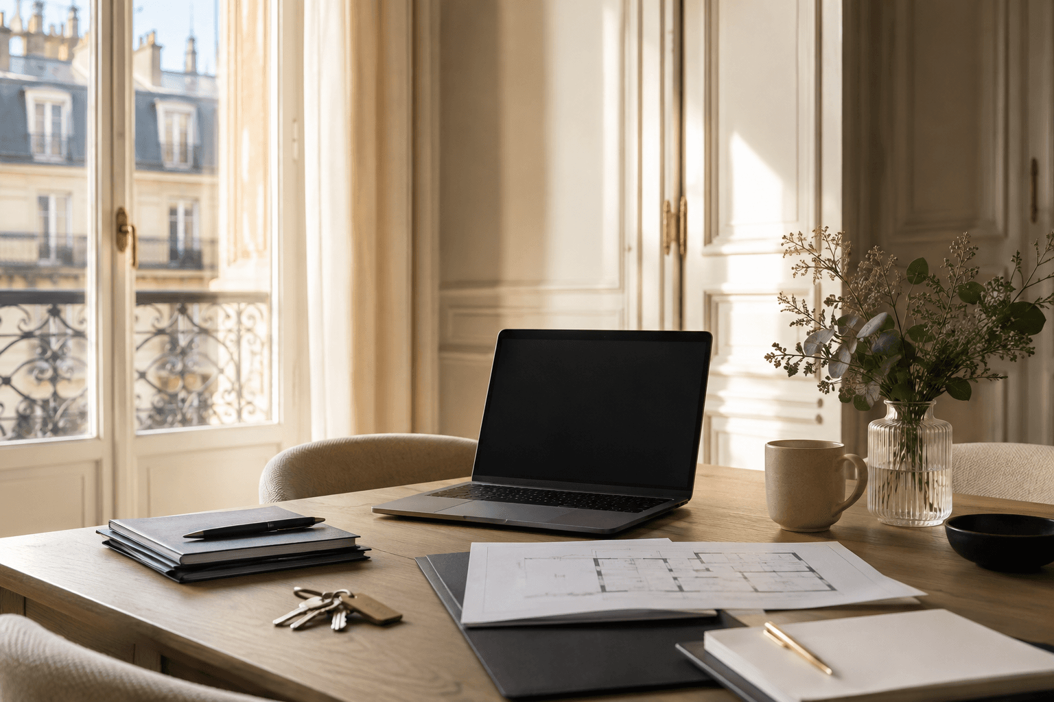 Table de travail dans un appartement parisien avec ordinateur, clés et plan pour préparer une mise en location